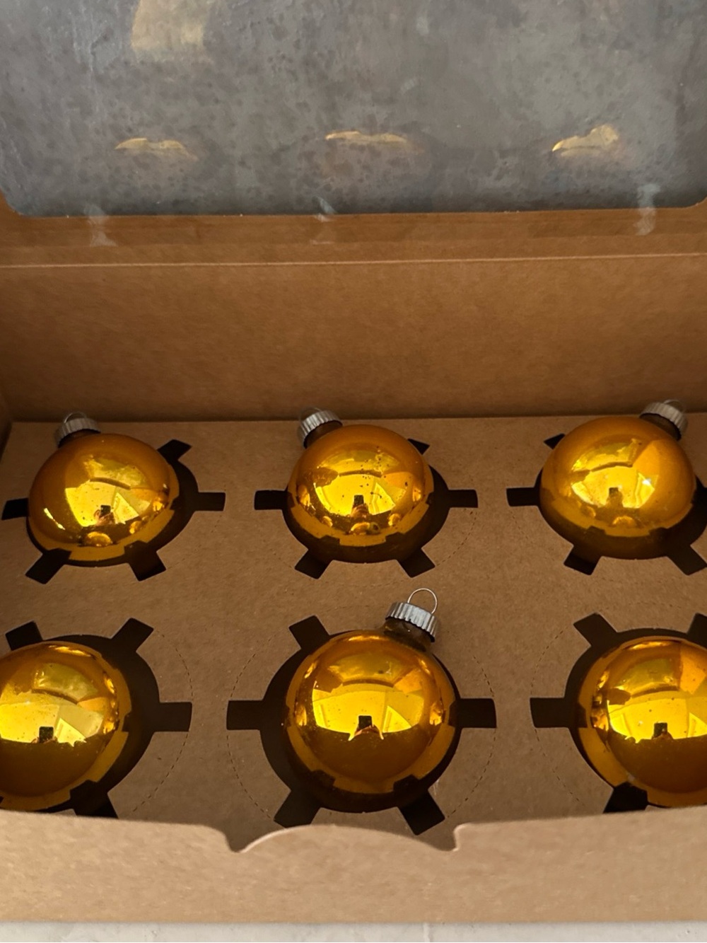BOX OF 6 GOLD SHINY BRITE ORNAMENTS VINTAGE